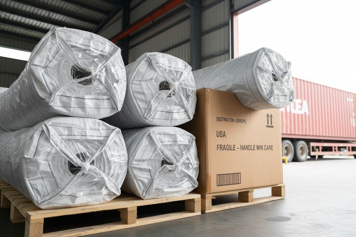 Secure packaging and palletization for protecting rattan rolls during international transit (ID#5)