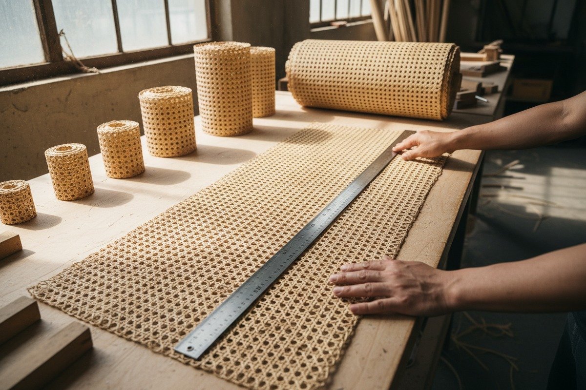 Natural rattan cane webbing rolls customized to specific widths for furniture manufacturing (ID#1)