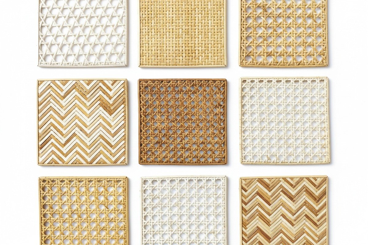 Selection of weaving patterns including hexagonal open weave and herringbone for rattan cane webbing (ID#2)