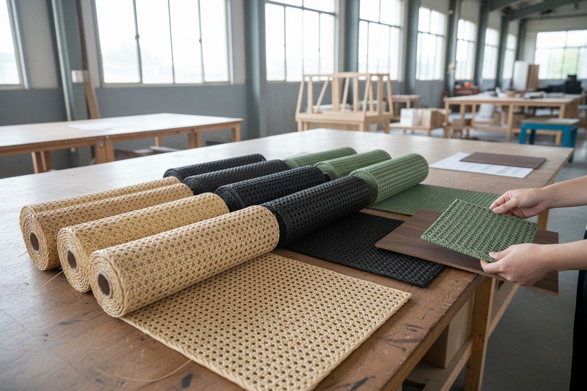 Natural rattan cane webbing material being prepared for custom dyeing processes (ID#1)