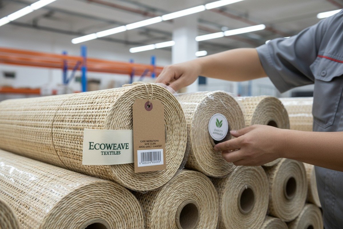 Custom brand logos and product tags on rattan cane webbing rolls for private labeling (ID#2)