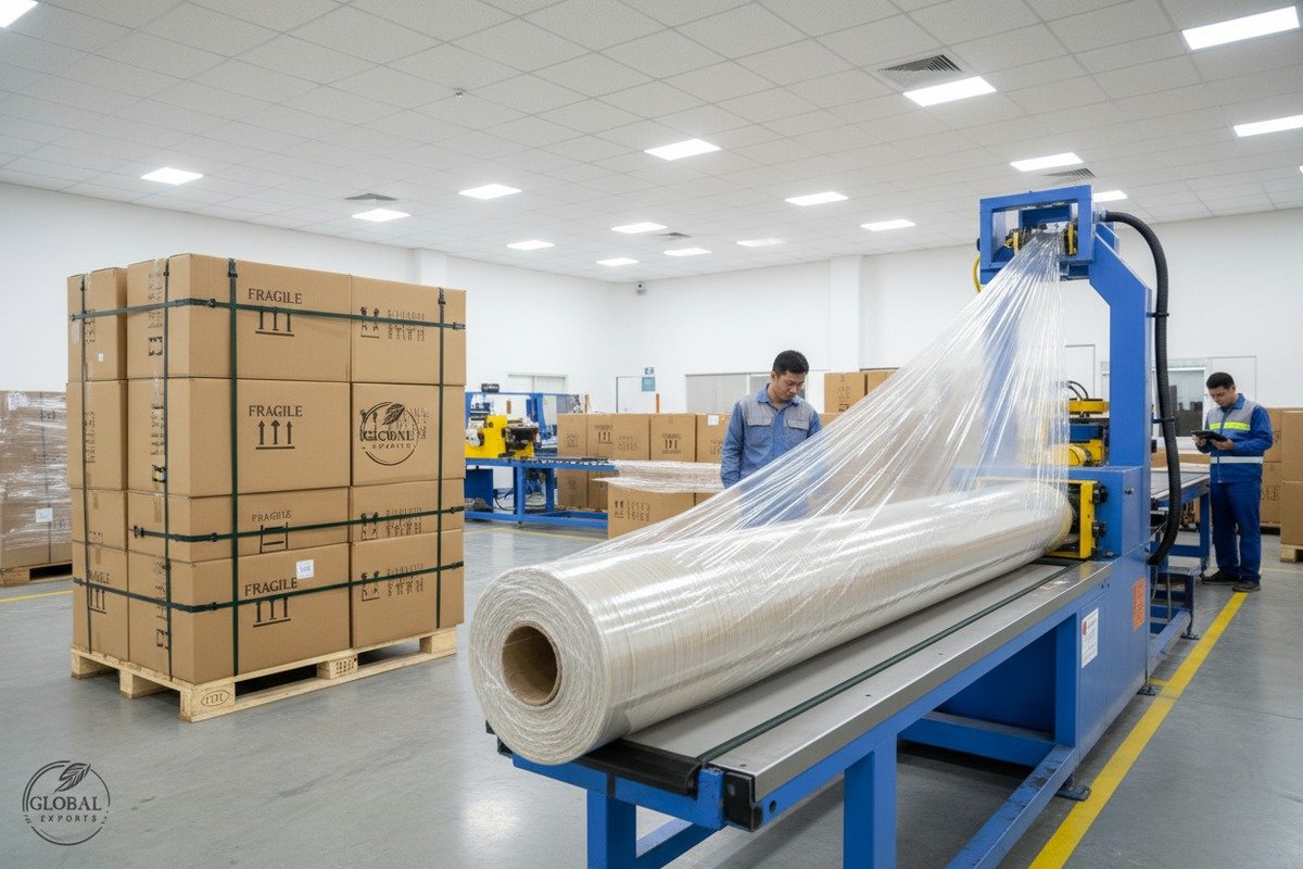 Protective custom packaging for rattan cane webbing including shrink-wrap and reinforced cardboard tubes (ID#3)