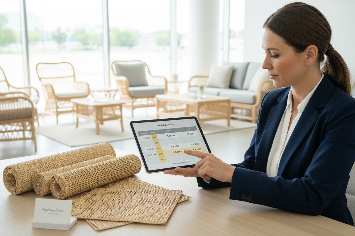 Tiered wholesale pricing structure for custom rattan cane webbing orders based on volume (ID#2)