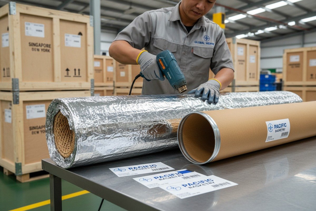 Secure Rattan International Packaging Secure packaging for international rattan shipments using moisture barriers and rigid outer cartons (ID#5)