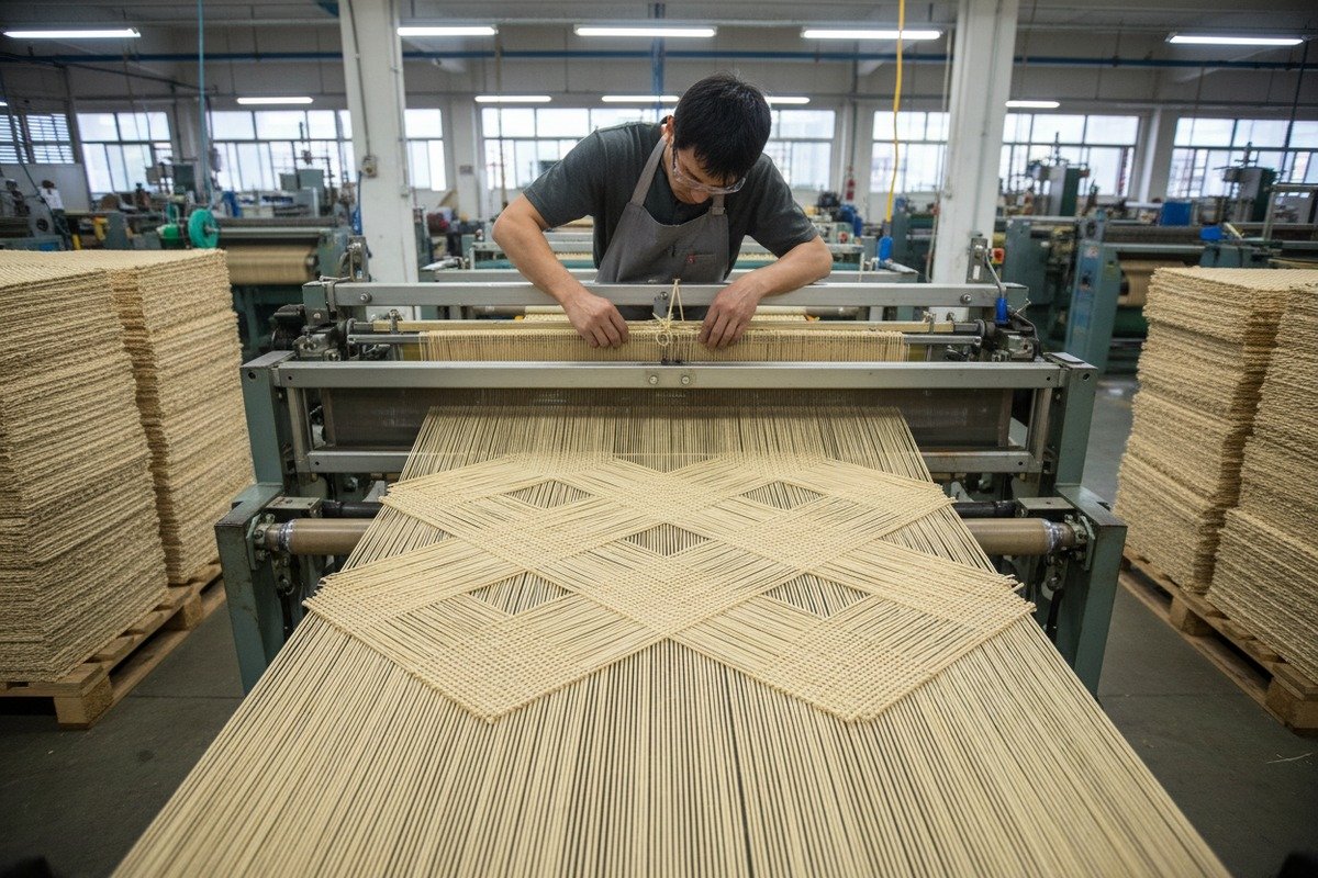 Industrial Weaving Stages Industrial weaving stages for rattan cane webbing including strand preparation and interlacing (ID#3)