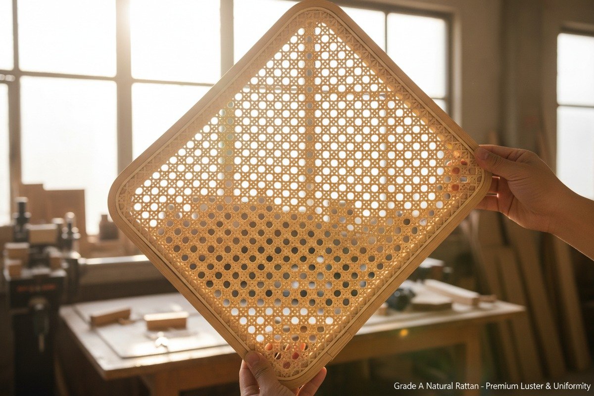 Rattan Color and Luster Grade A rattan webbing showing uniform honey tones and natural light-reflecting luster (ID#2)