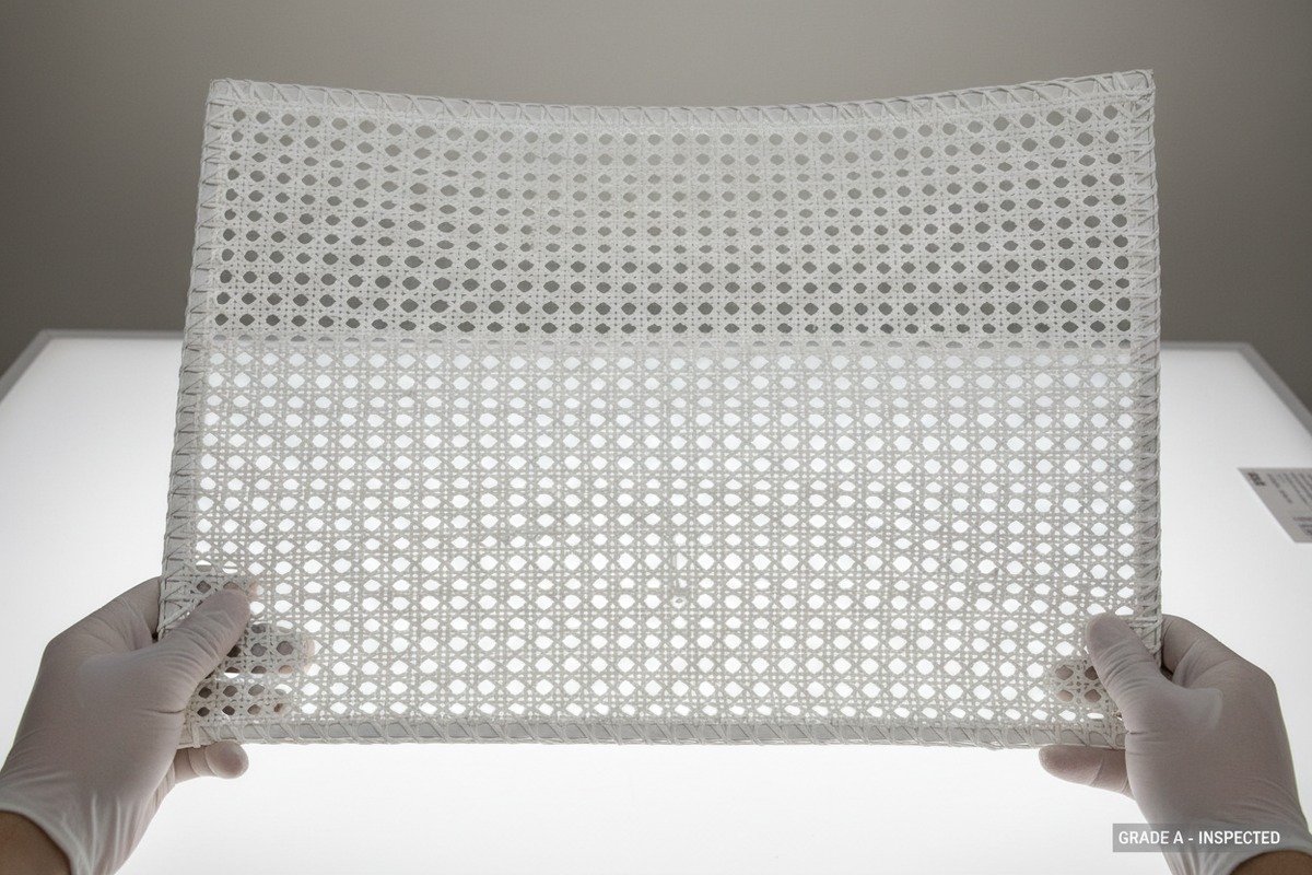 Checking Rattan Surface Defects Inspecting rattan material for surface defects like cracks, knots, and smooth finish quality (ID#3)