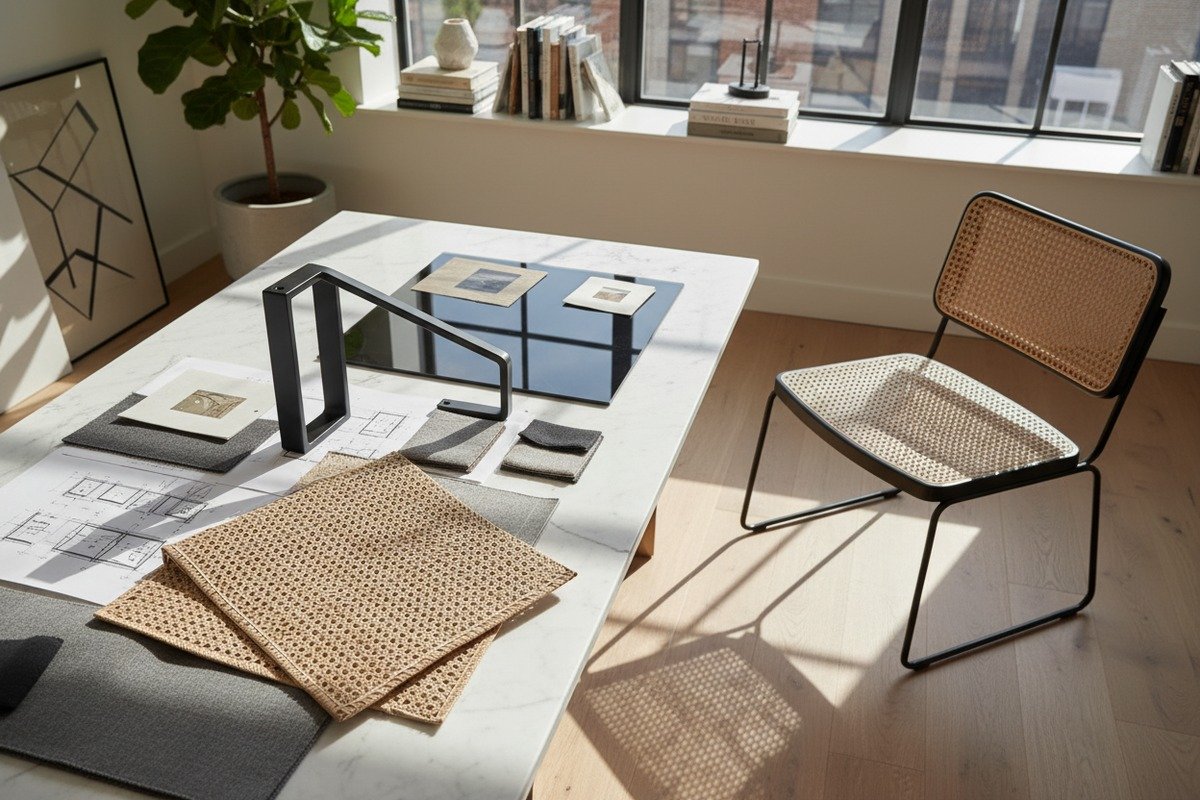 Natural rattan cane webbing providing organic texture for modern furniture design projects (ID#3)