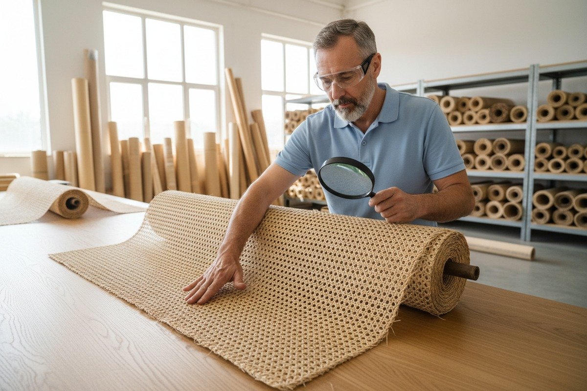 Inspecting natural rattan cane webbing quality upon receipt for furniture manufacturing (ID#1)