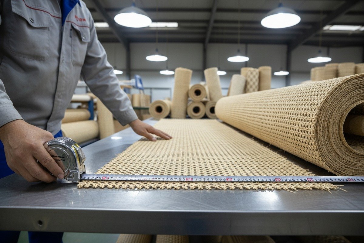 Checking rattan weaving consistency for defects like irregular gaps and measuring roll dimensions (ID#3)