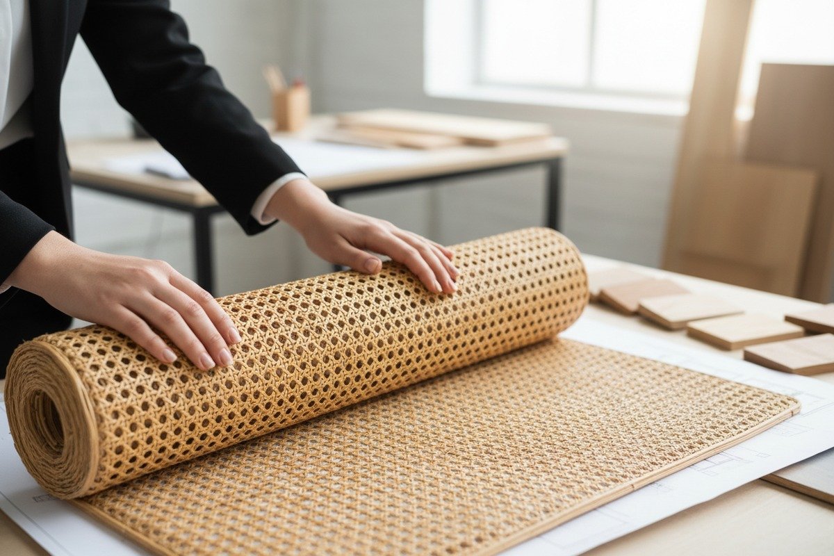 Natural rattan cane webbing showing normal black spots and color variations (ID#1)