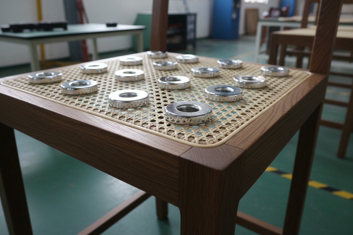 Rattan cane webbing supporting weight on a chair seat with proper frame installation (ID#2)