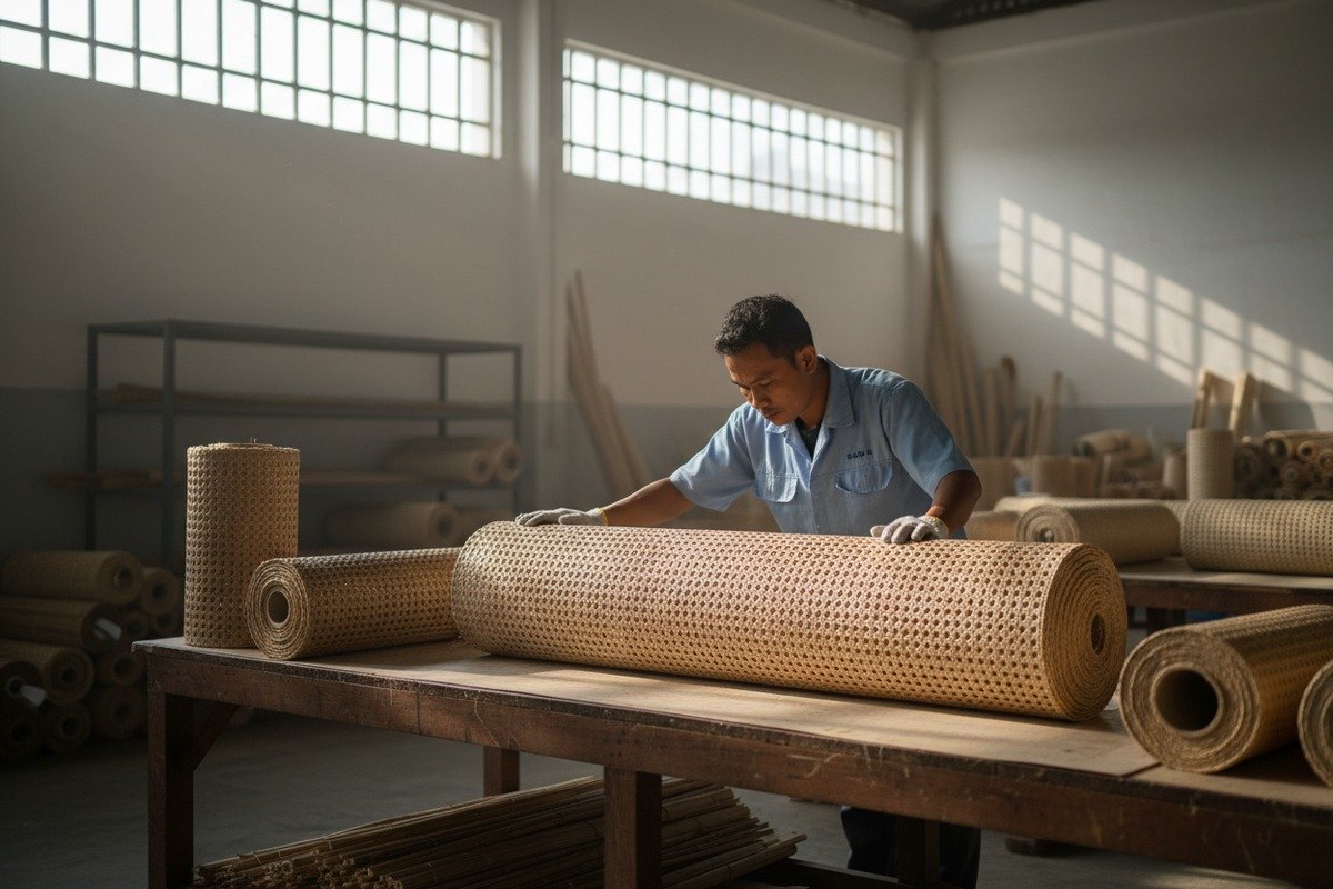 Rejilla de ratán natural que muestra el contenido de humedad ideal para la fabricación de muebles (ID#1)