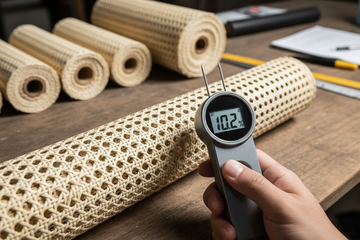 Medición de los niveles de humedad del ratán Uso de un medidor de humedad para verificar la rejilla de ratán natural en el rango del 8-12 por ciento (ID#2)