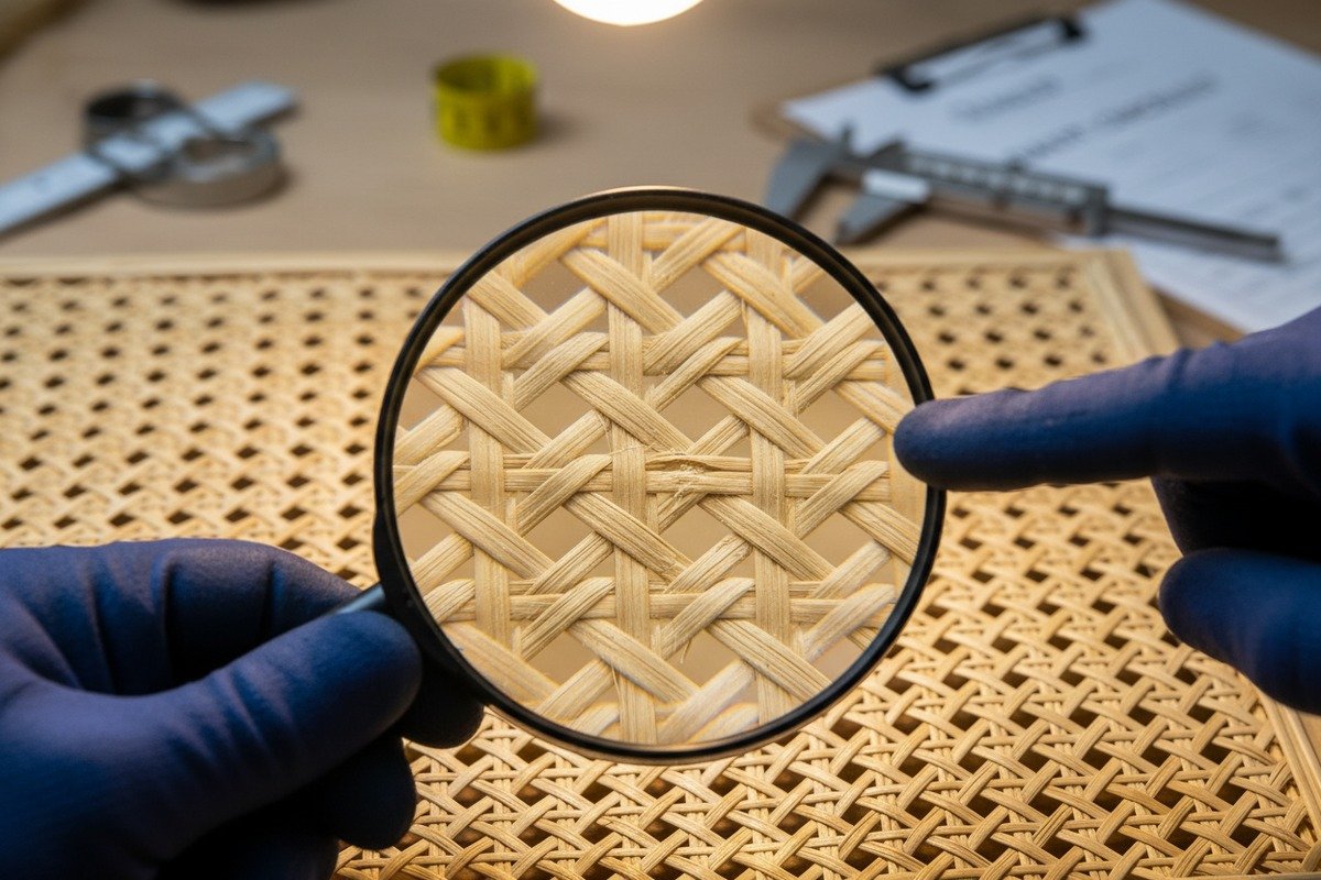 Inspecting rattan webbing for defects like broken strands, surface cracks, and mold spots (ID#3)