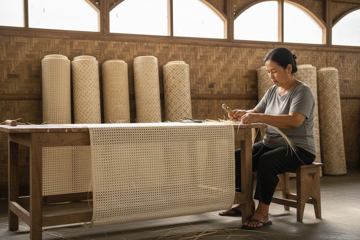 Bulk rattan rolls packaged in moisture-resistant wrap and sturdy cartons for export (ID#5)