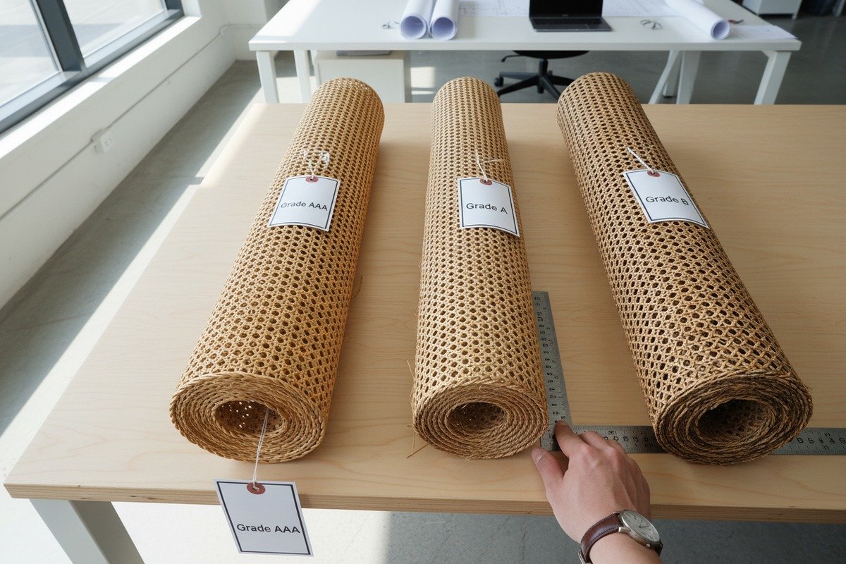 Natural rattan cane webbing grade markings indicating high quality material for furniture manufacturing (ID#1)