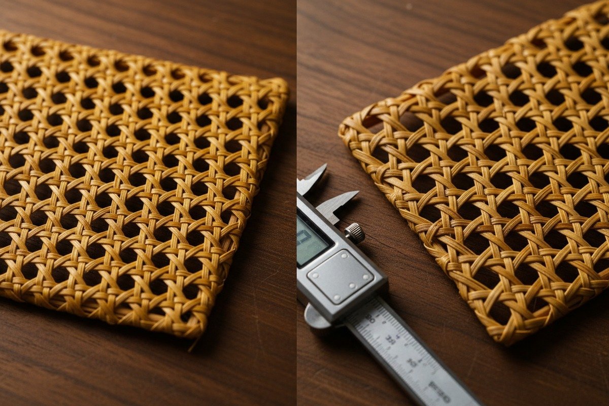 Comparison between Grade A and Grade B natural rattan webbing showing color and texture differences (ID#2)