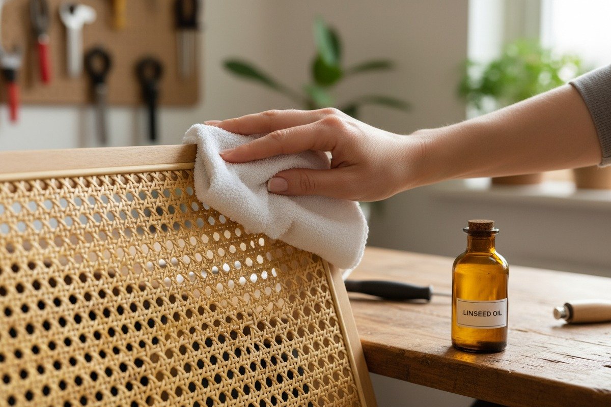 Maintenance steps including cleaning and oil conditioning to prevent brittle rattan webbing (ID#3)