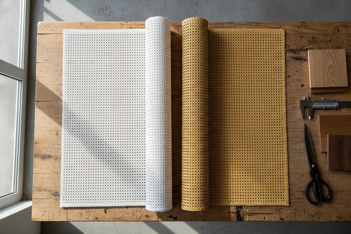 Comparison of bleached white and bleached yellow rattan cane webbing for furniture projects (ID#1)