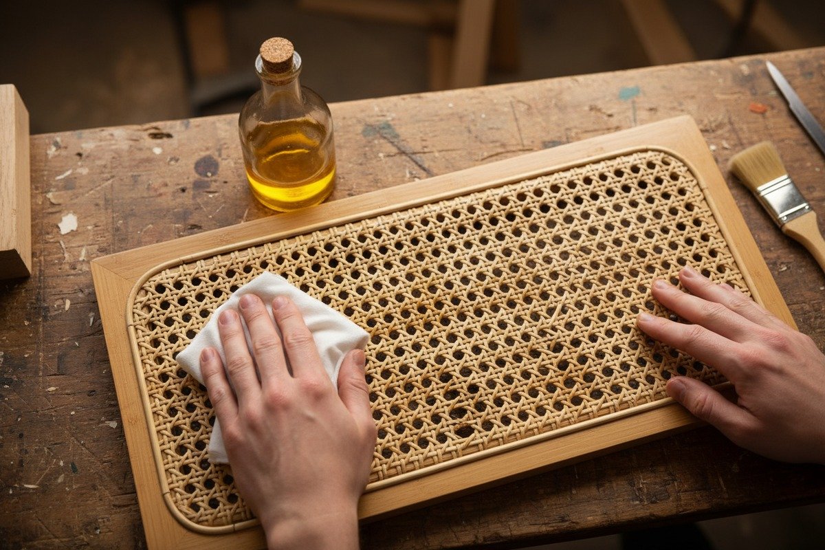 Rattan Webbing Maintenance Routine Maintenance routines including cleaning and oiling to prevent brittle natural rattan webbing (ID#3)