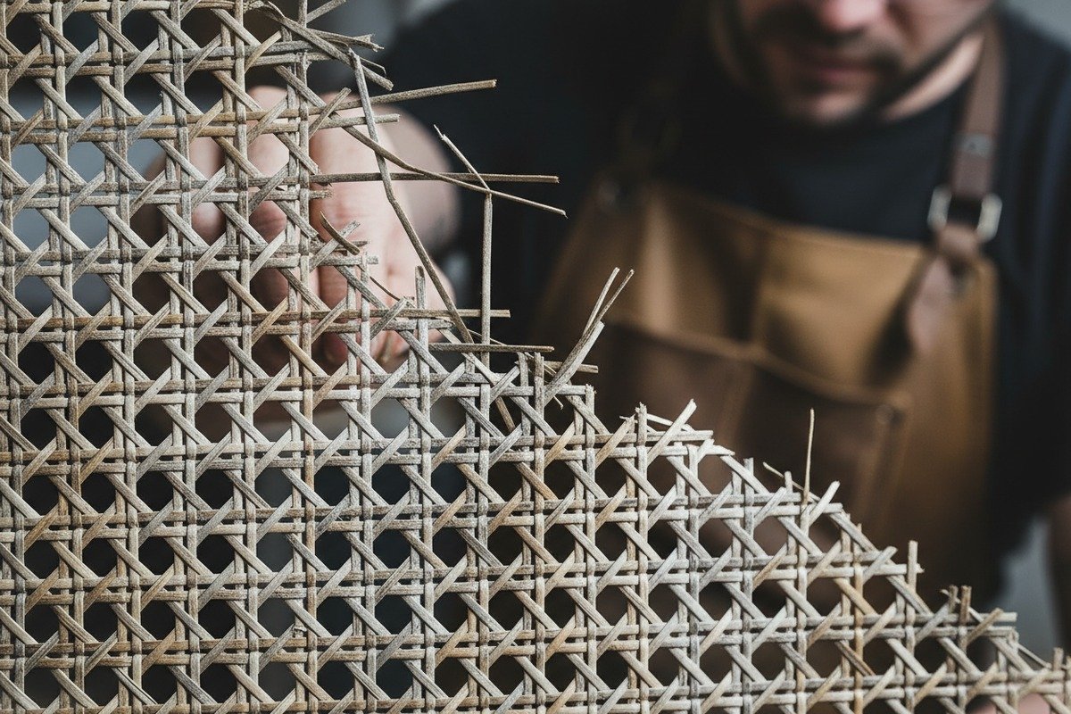 UV exposure causing fiber breakdown and surface cracking on natural rattan cane webbing (ID#2)