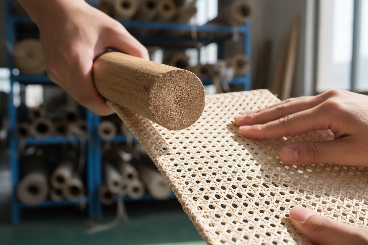 Visual comparison of round matte rattan core and flat glossy woven cane webbing (ID#2)