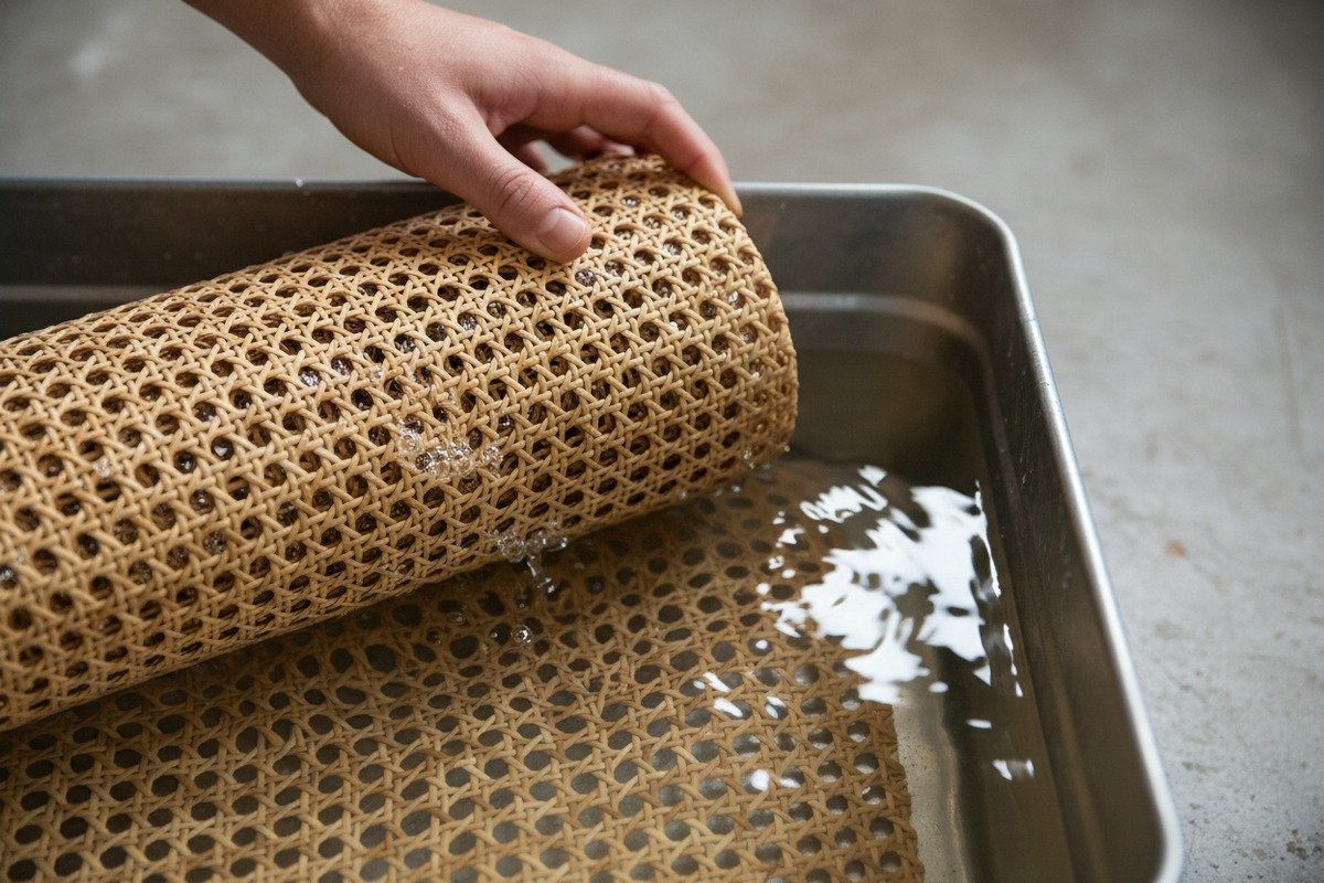 Soaking natural rattan cane webbing in warm water to increase flexibility for projects (ID#2)