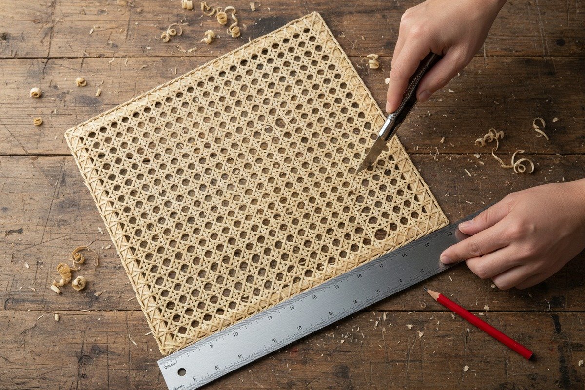 Measuring and cutting dry rattan webbing rolls with extra margin for frame installation (ID#3)