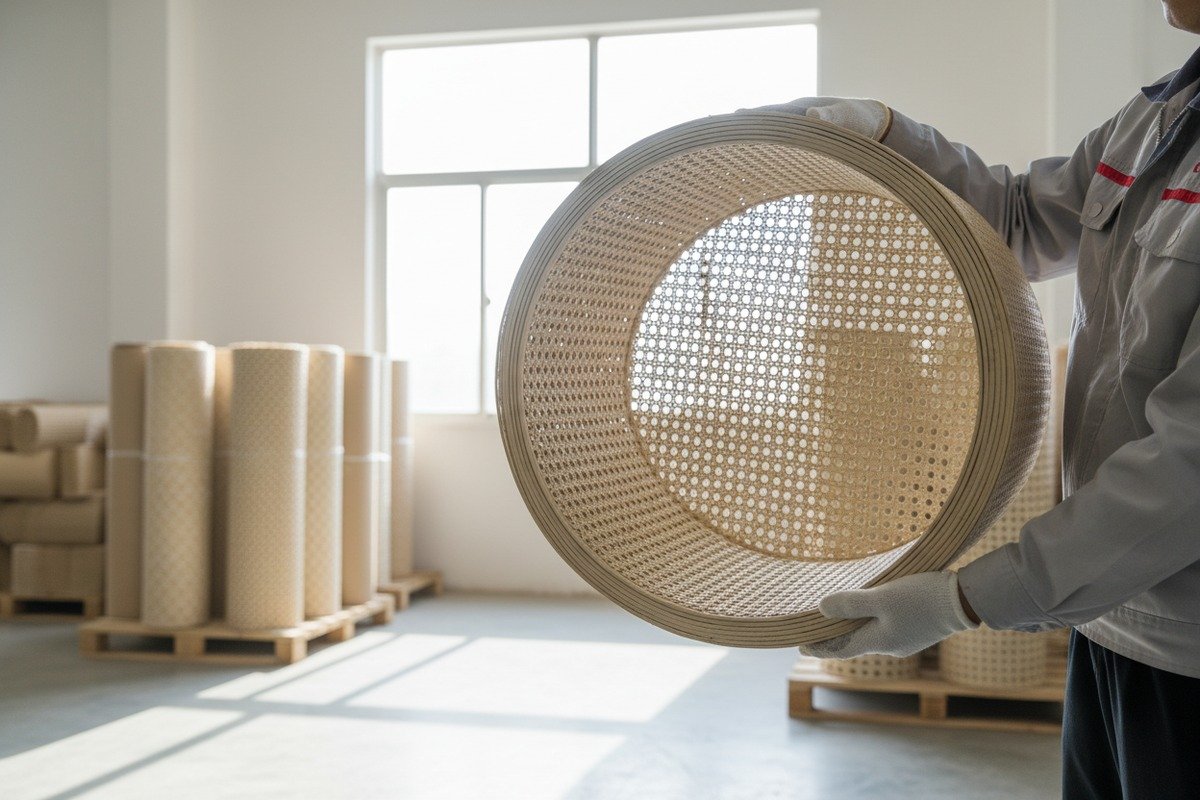 Inspecting and cleaning rattan webbing for quality consistency before starting furniture projects (ID#4)