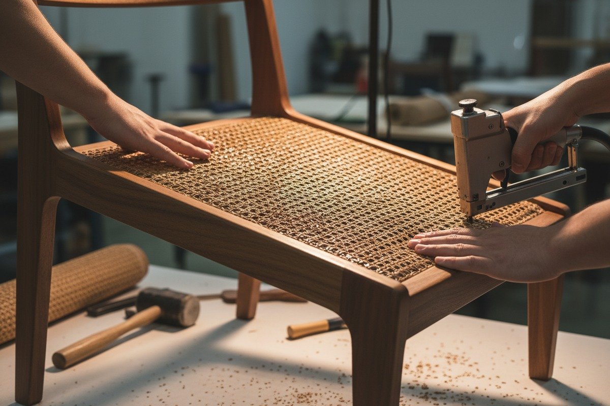 Installing damp rattan webbing to ensure it shrinks and stays tight when dry (ID#5)