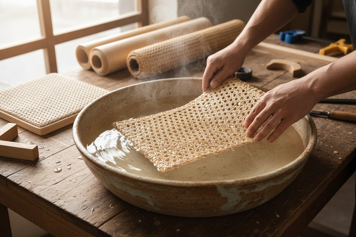 Natural rattan cane webbing being prepared for softening in water (ID#1)