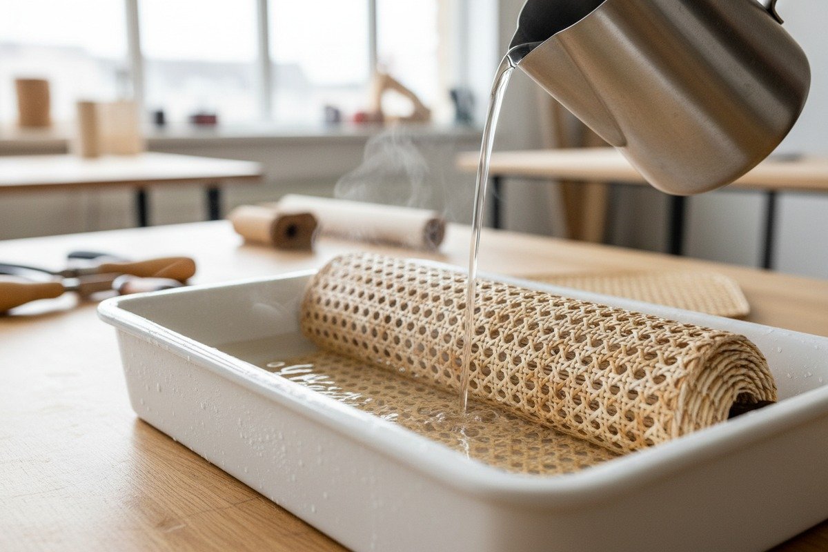 Testing Rattan Cane Pliability Checking flexibility of rattan cane webbing by bending it smoothly before starting furniture projects (ID#5)