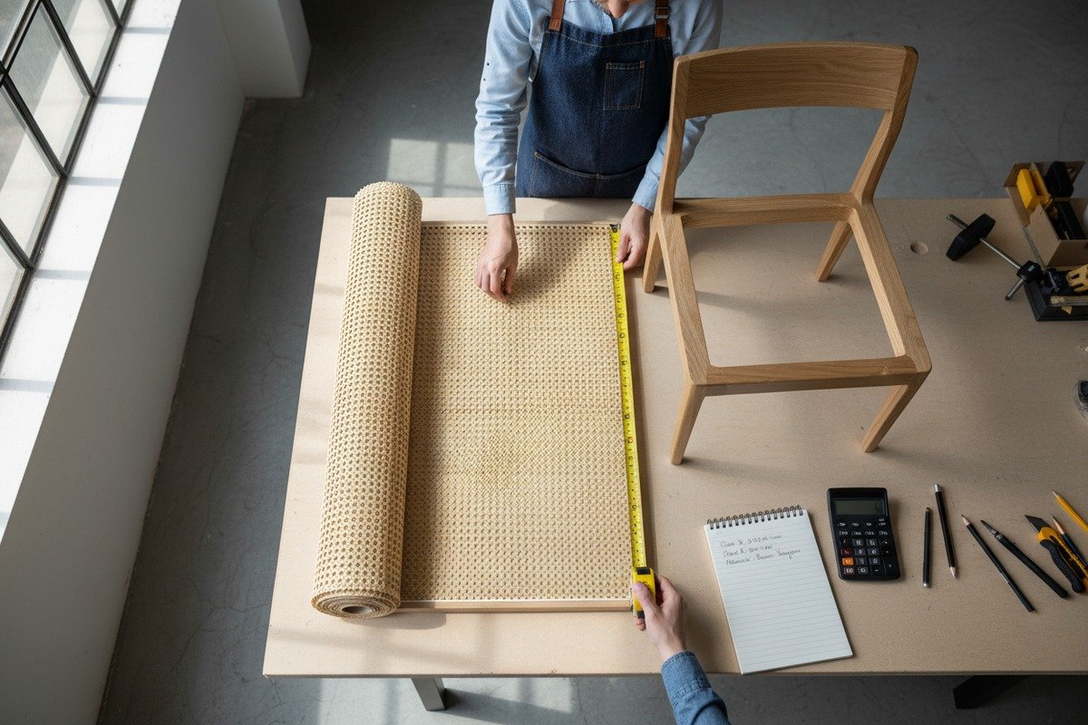 Calculating rattan cane webbing needs based on chair seat dimensions for furniture repair (ID#1)