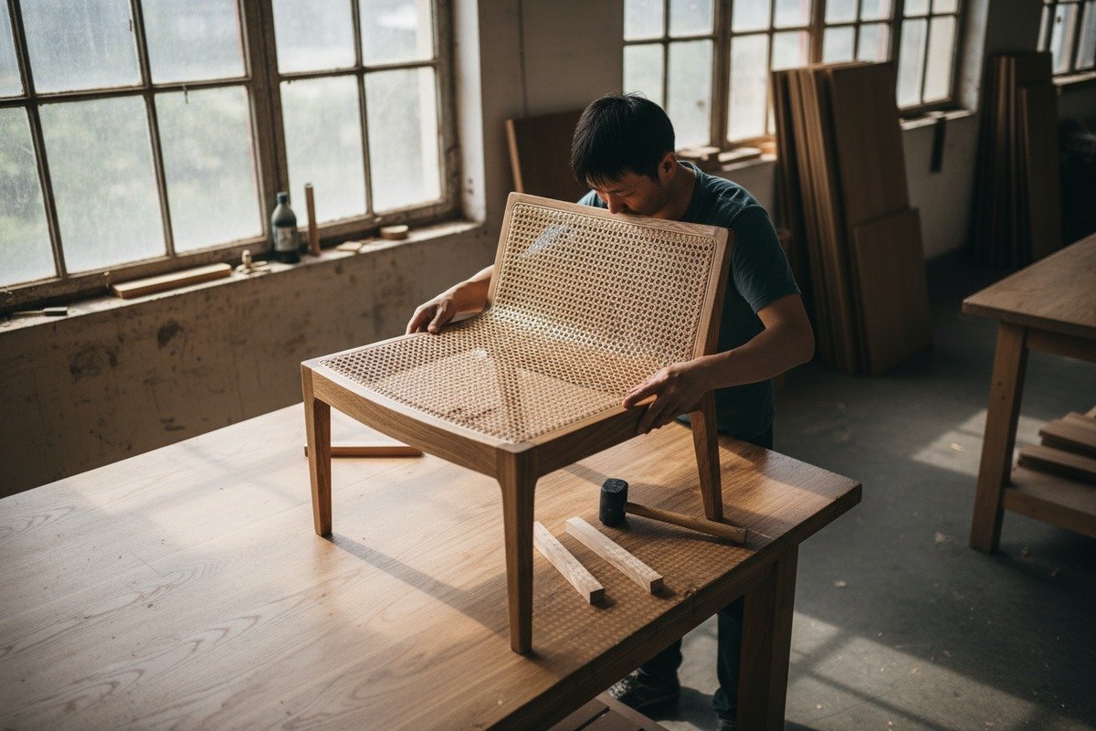 Installing natural rattan cane webbing onto a wooden chair frame for restoration (ID#1)