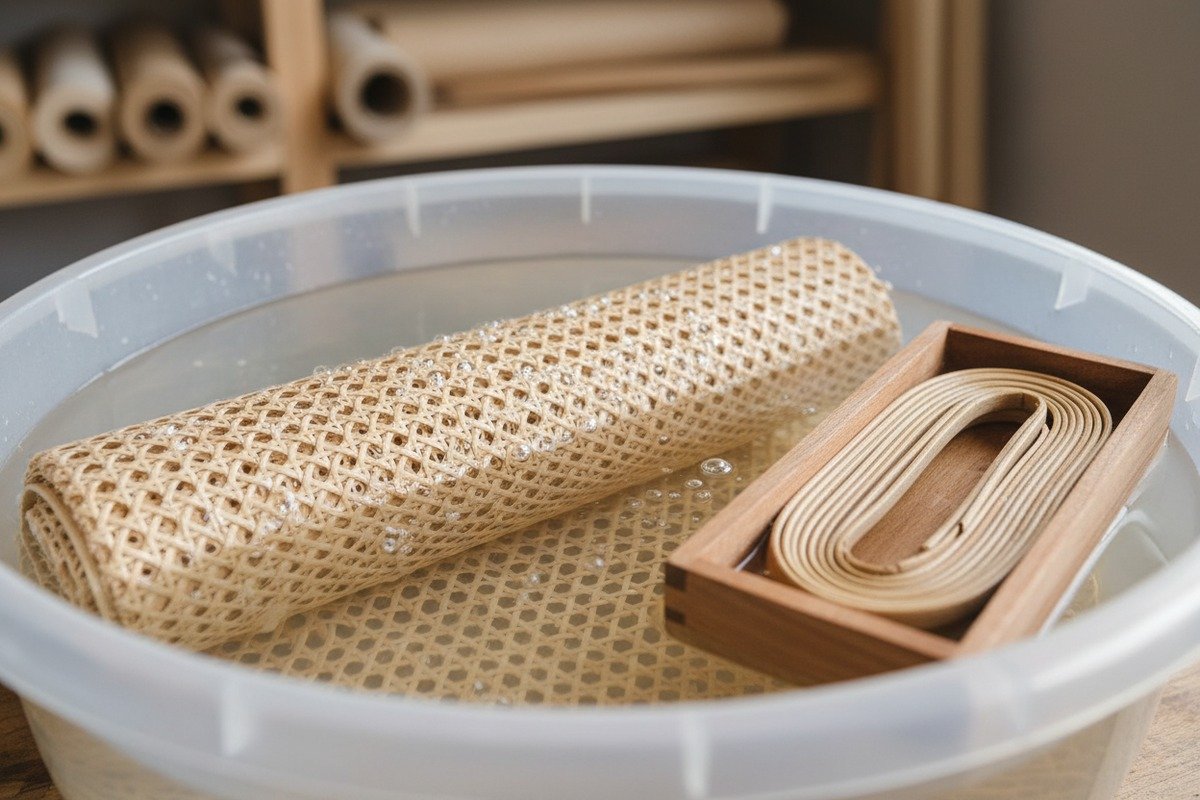 Soaking natural rattan webbing in warm water to increase flexibility before installation (ID#2)