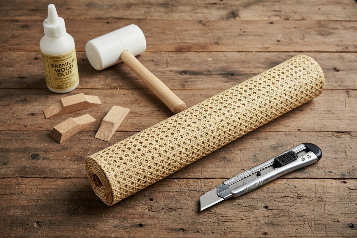 Essential tools for rattan chair repair including spline, wood glue, and a utility knife (ID#3)