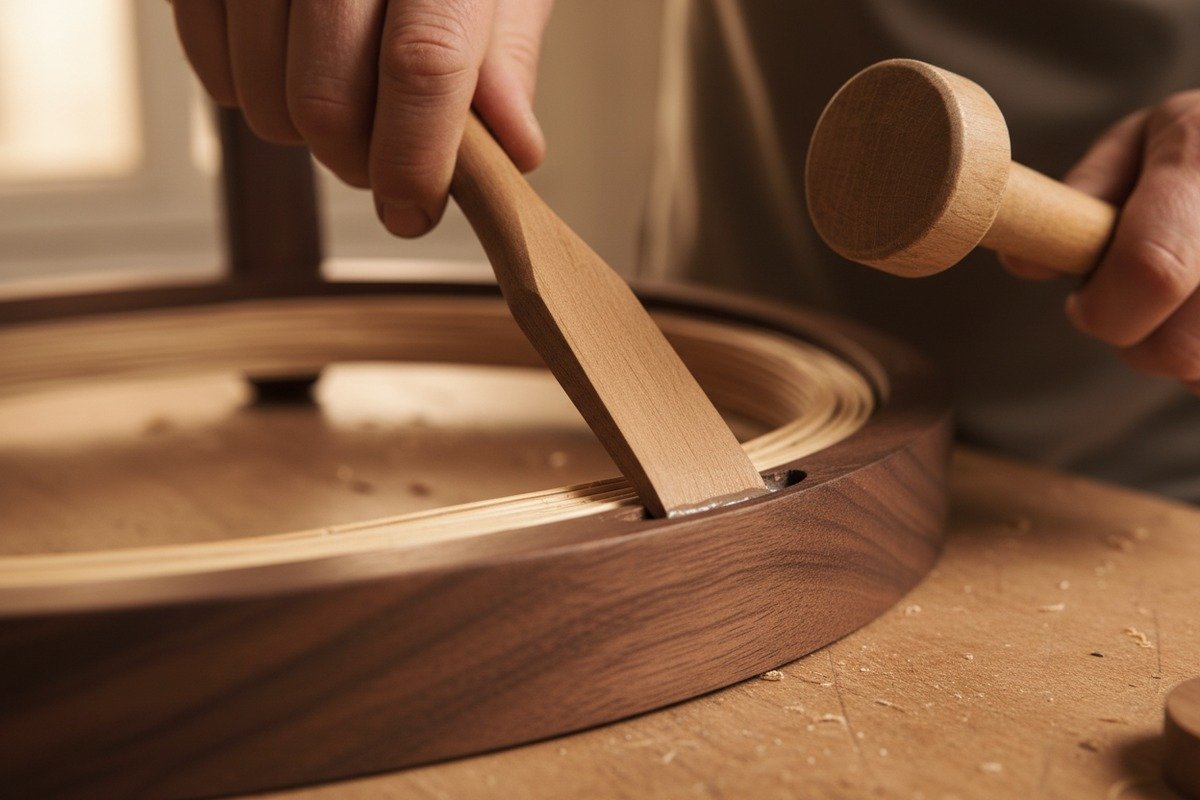 Stretching damp rattan webbing across a frame to achieve perfect tension and prevent sagging (ID#4)