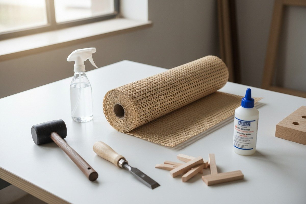 Essential tools and supplies for installing natural rattan cane webbing projects (ID#1)