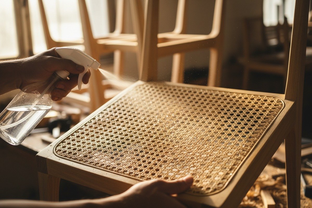 Rattanrohrgeflecht einweichen Soaking natural rattan cane webbing in warm water to make fibers pliable for installation (ID#3)