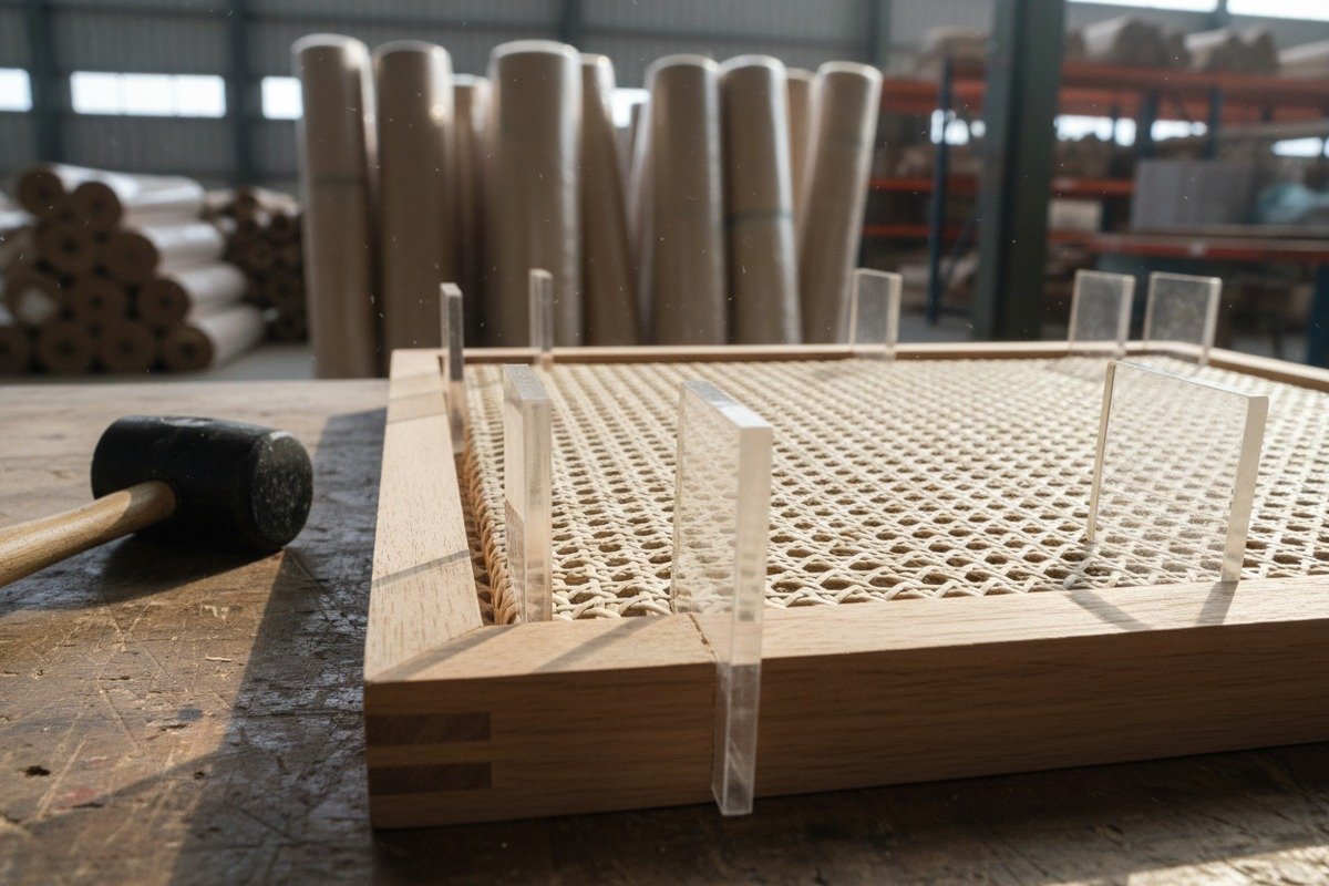 Finishing Rattan Project Edges Trimming and finishing rattan cane webbing edges with a sharp utility knife and scissors (ID#5)