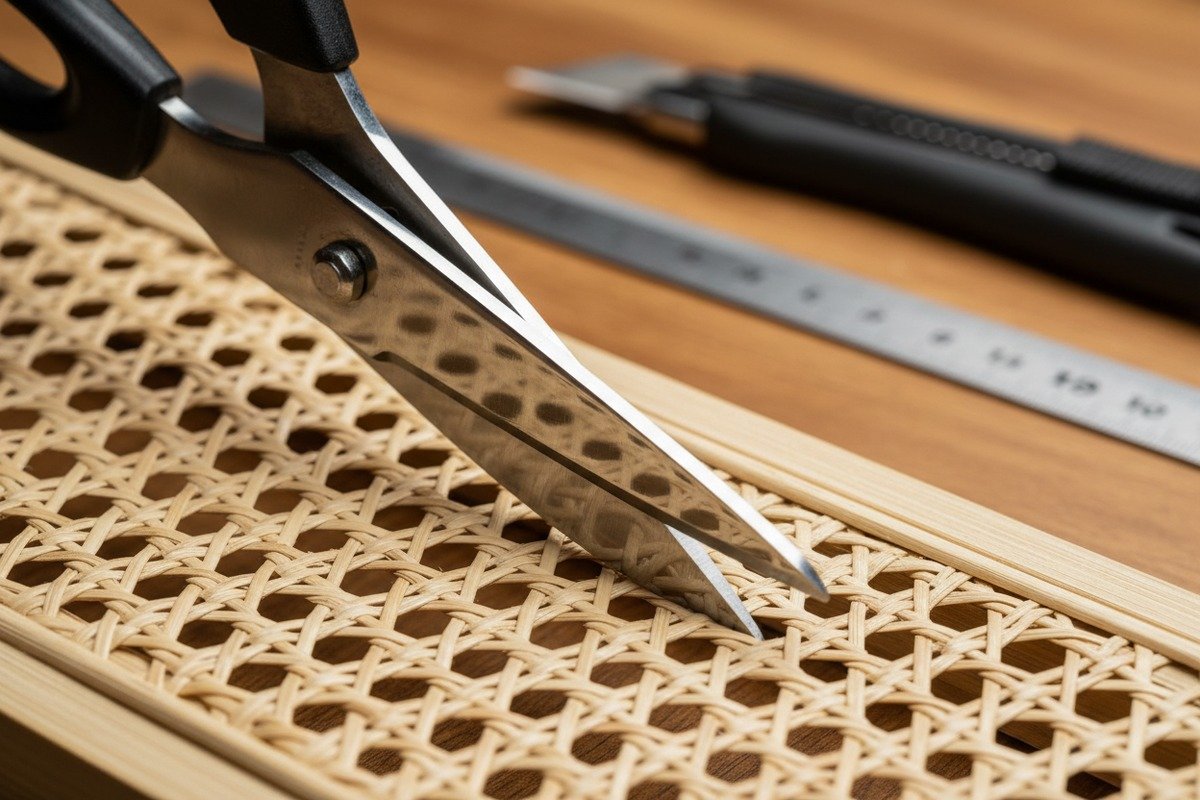 Using sharp heavy-duty scissors and utility knives to cut natural rattan cane webbing fibers (ID#2)