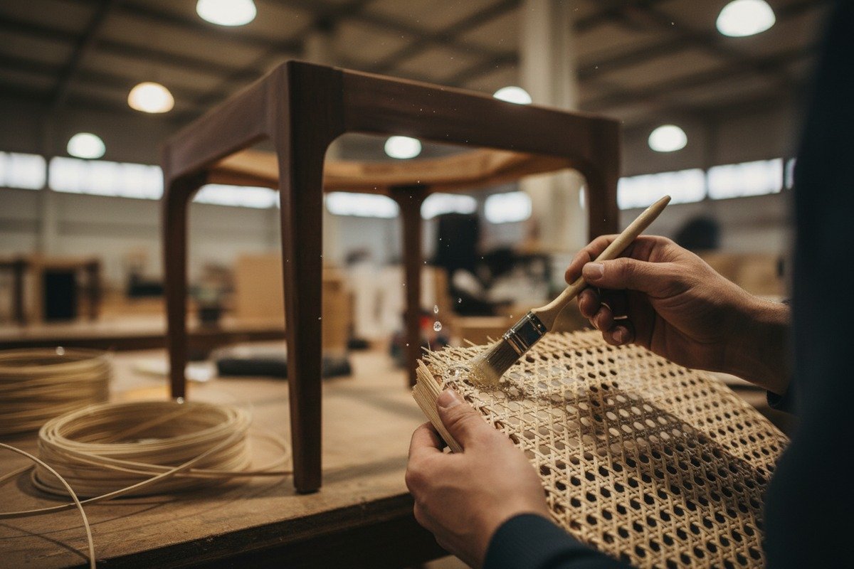 Applying wood glue or binding strips to prevent natural rattan edges from fraying (ID#3)