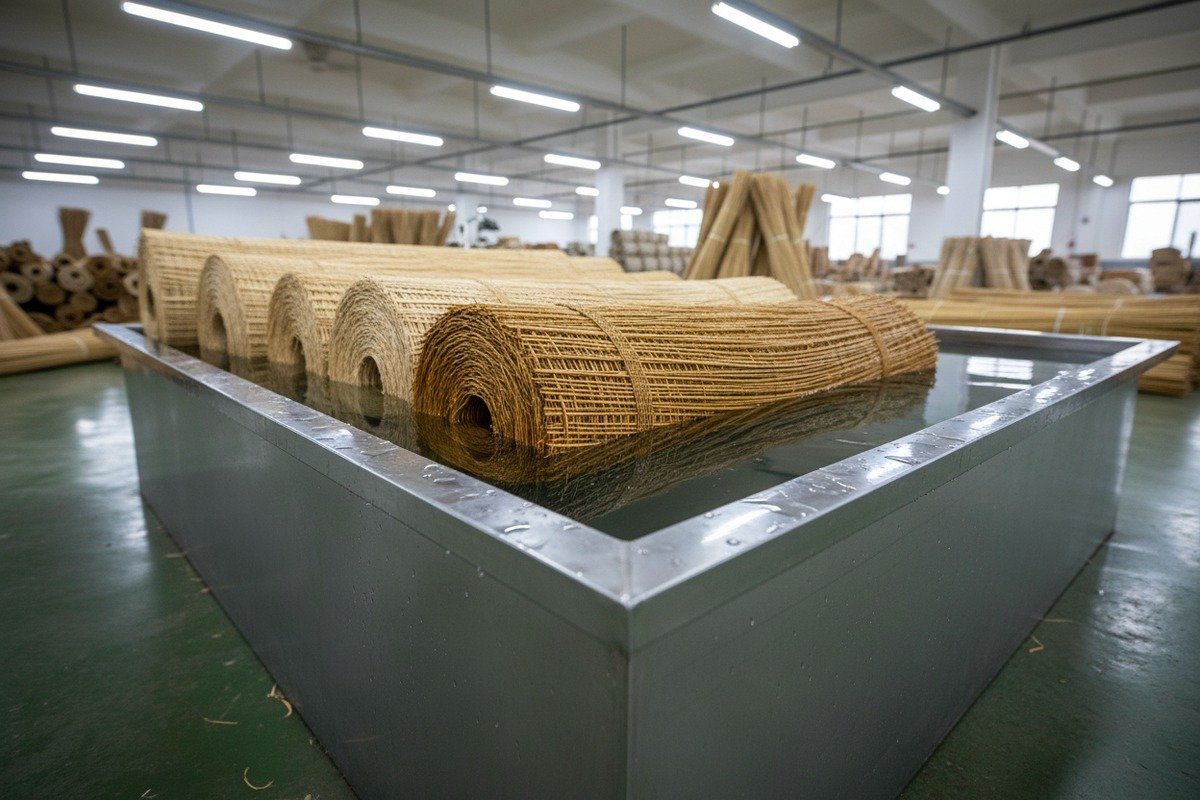 Soaking natural rattan cane webbing in warm water to soften fibers before cutting (ID#4)