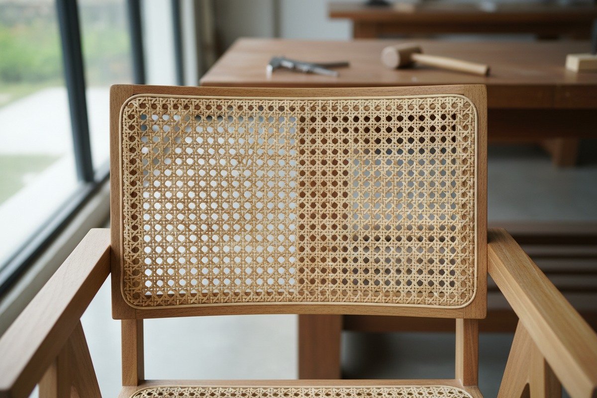 Natürliches Rattanrohrgeflecht flach und faltenfrei auf einem Möbelrahmen montiert (ID#1)