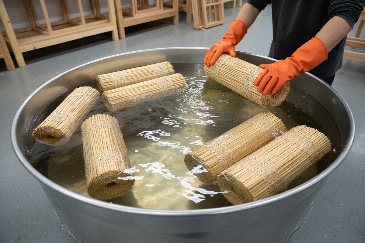 Rattanrohrgeflecht einweichen Einweichen von natürlichem Rattanrohrgeflecht in warmem Wasser, um die Biegsamkeit vor der Montage zu gewährleisten (ID#2)