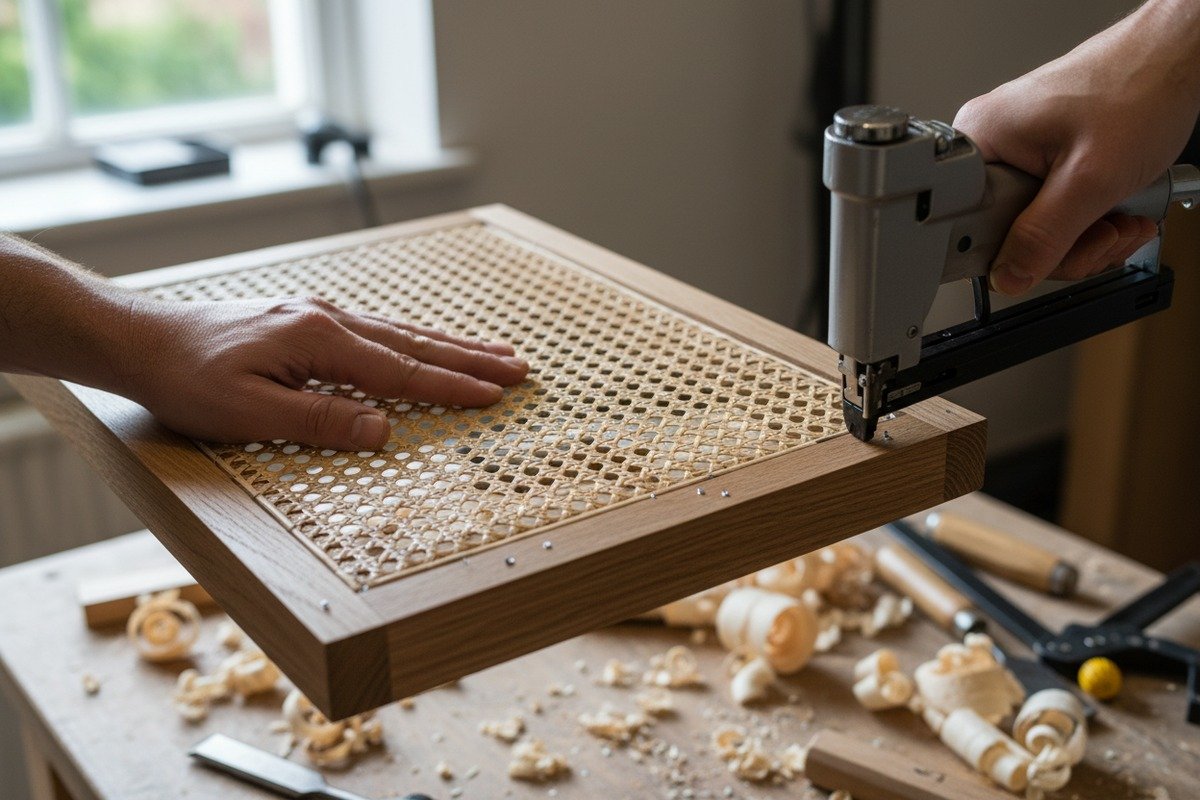 Technik zum Heften von Rattanrohrgeflecht Rattanrohrgeflecht von der Mitte nach außen heften, um eine gleichmäßige Spannung aufrechtzuerhalten und ein Durchhängen zu verhindern (ID#3)