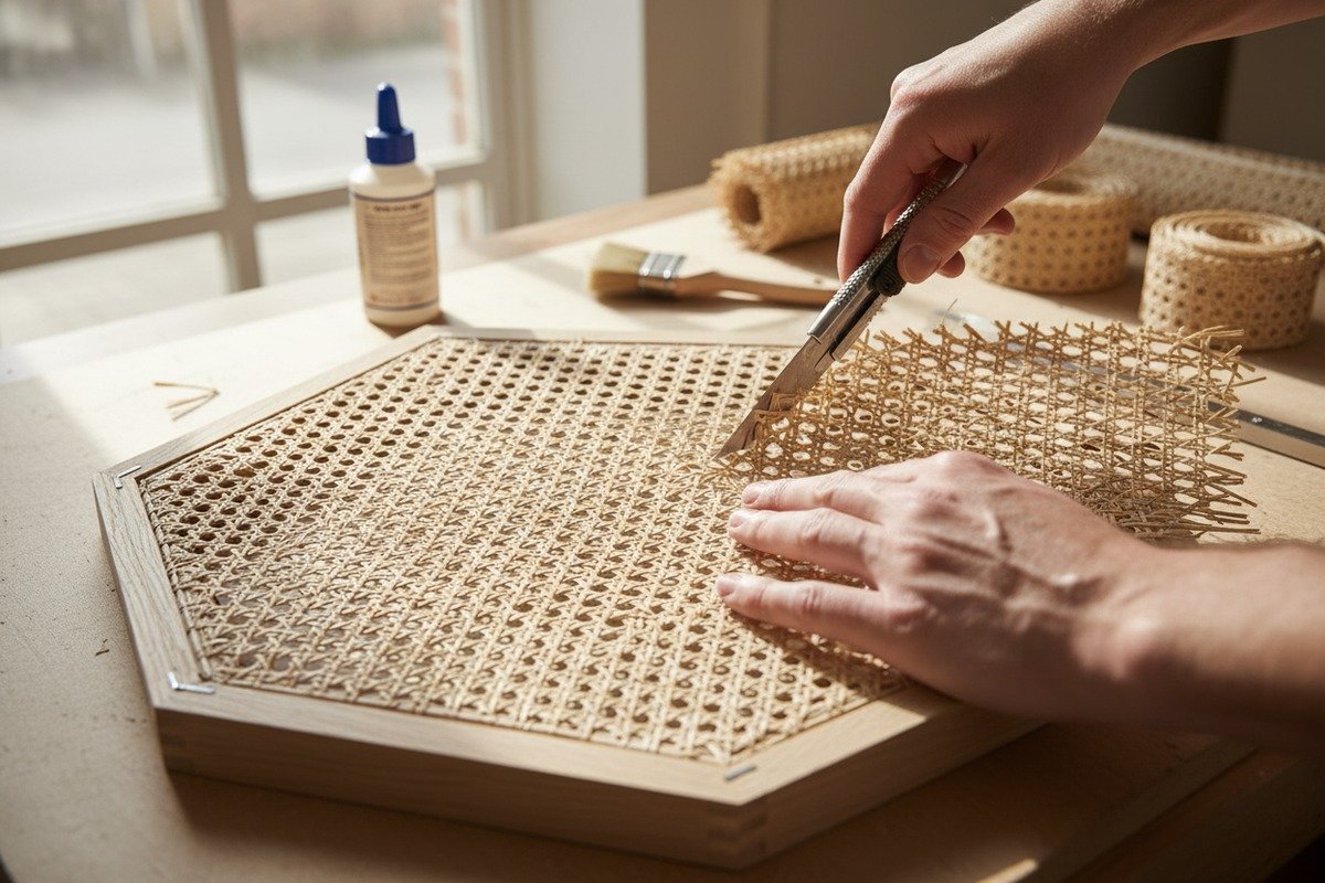 Professional techniques for finishing edges of natural rattan cane webbing during installation (ID#1)