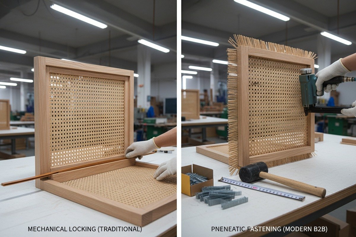 Spline vs Staples Comparison Comparison between using splines and staples for securing rattan cane webbing edges (ID#2)