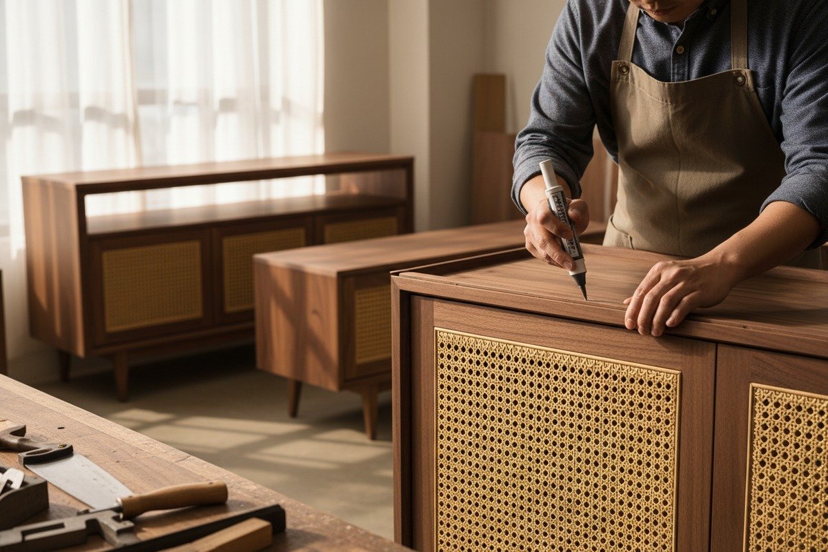 Professional Rattan Edge Sealants Applying linseed oil or wood glue to rattan edges for a professional finish (ID#5)
